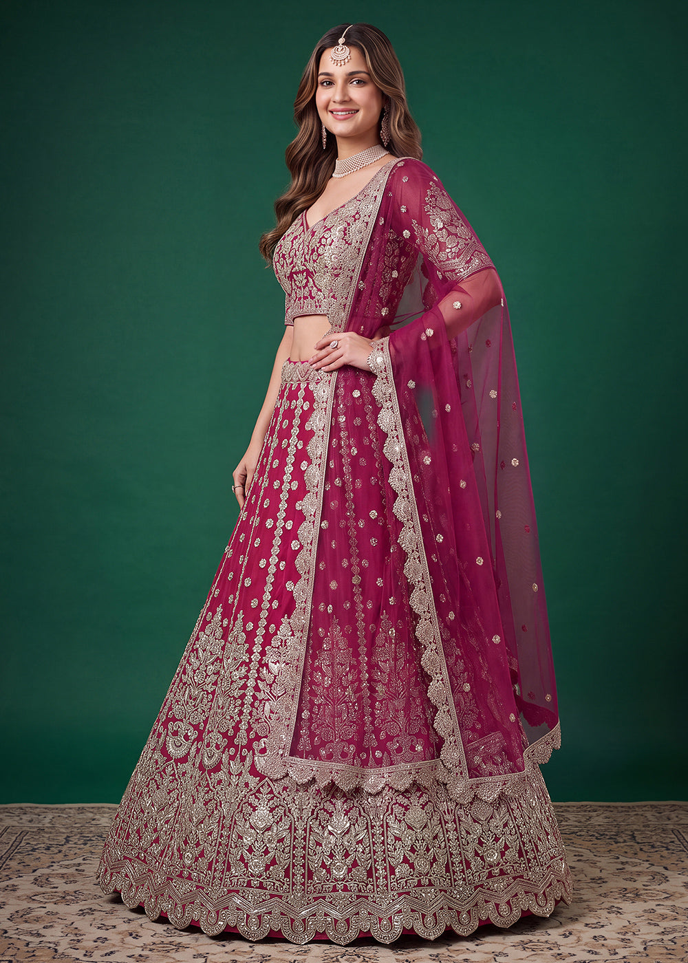 Magenta Pink Soft Heavy Embroidered Soft Net Lehenga Choli with Zari, Sequin &amp; Dori Work