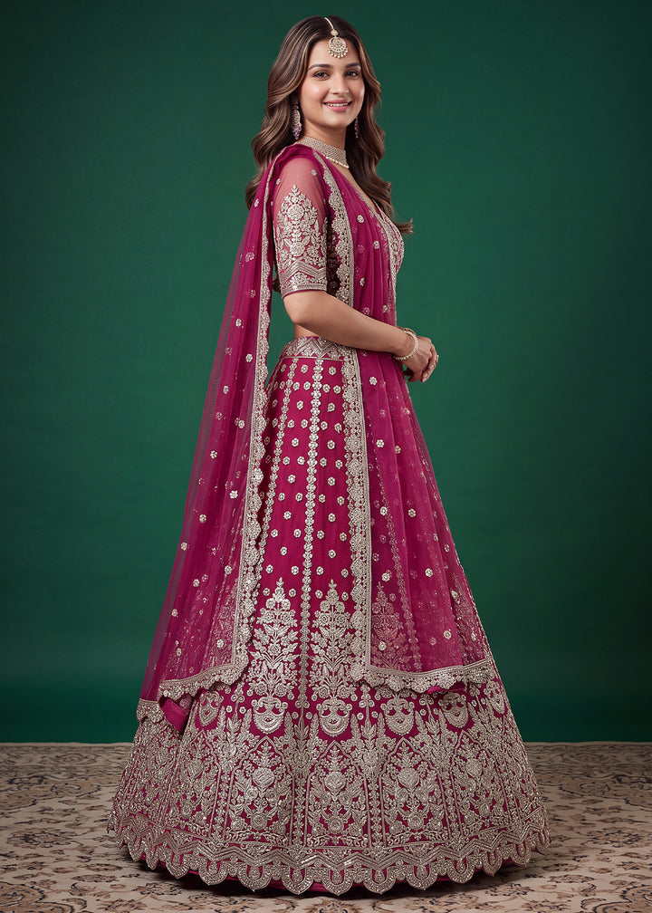 Magenta Pink Soft Heavy Embroidered Soft Net Lehenga Choli with Zari, Sequin &amp; Dori Work