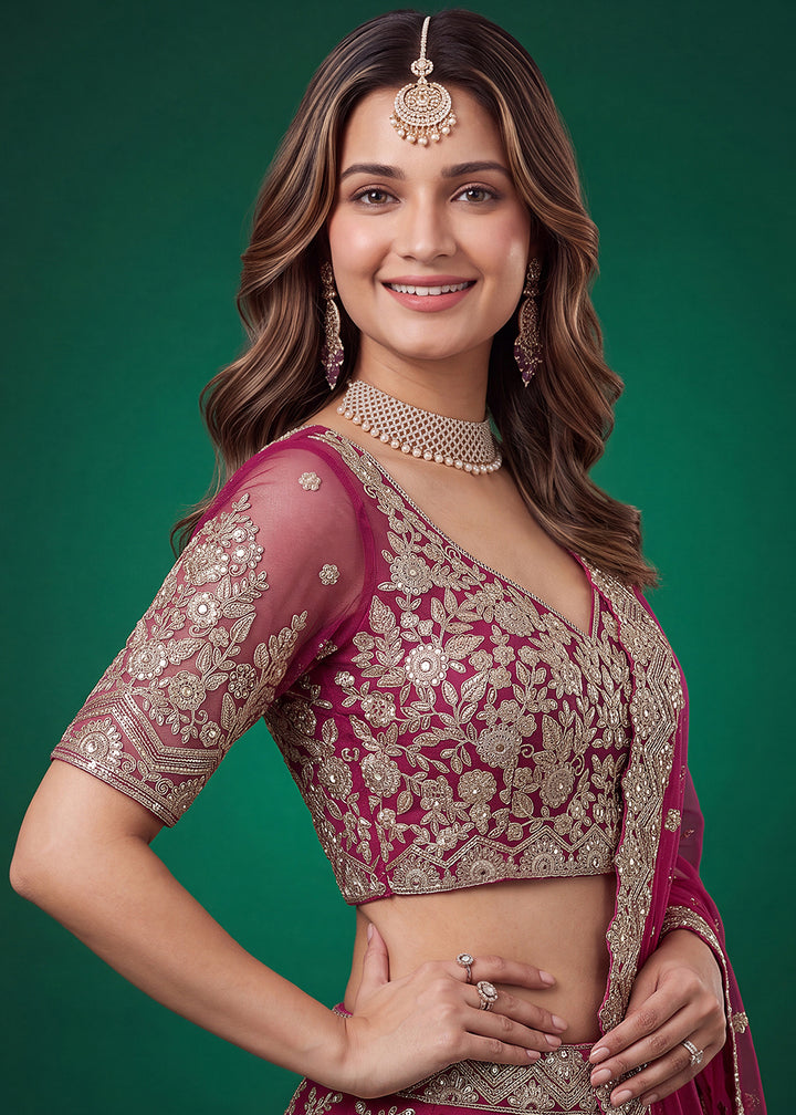 Magenta Pink Soft Heavy Embroidered Soft Net Lehenga Choli with Zari, Sequin &amp; Dori Work
