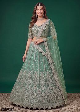 Pista Green Soft Heavy Embroidered Soft Net Lehenga Choli with Zari, Sequin & Dori Work