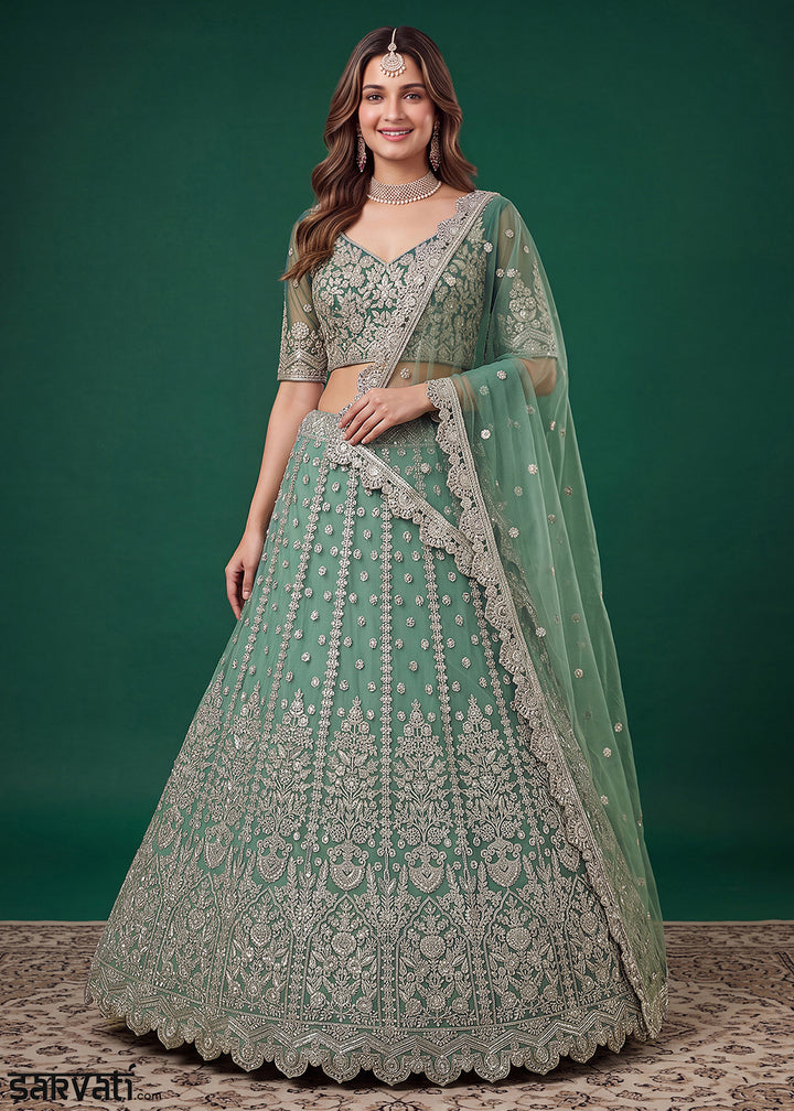 Pista Green Soft Heavy Embroidered Soft Net Lehenga Choli with Zari, Sequin &amp; Dori Work