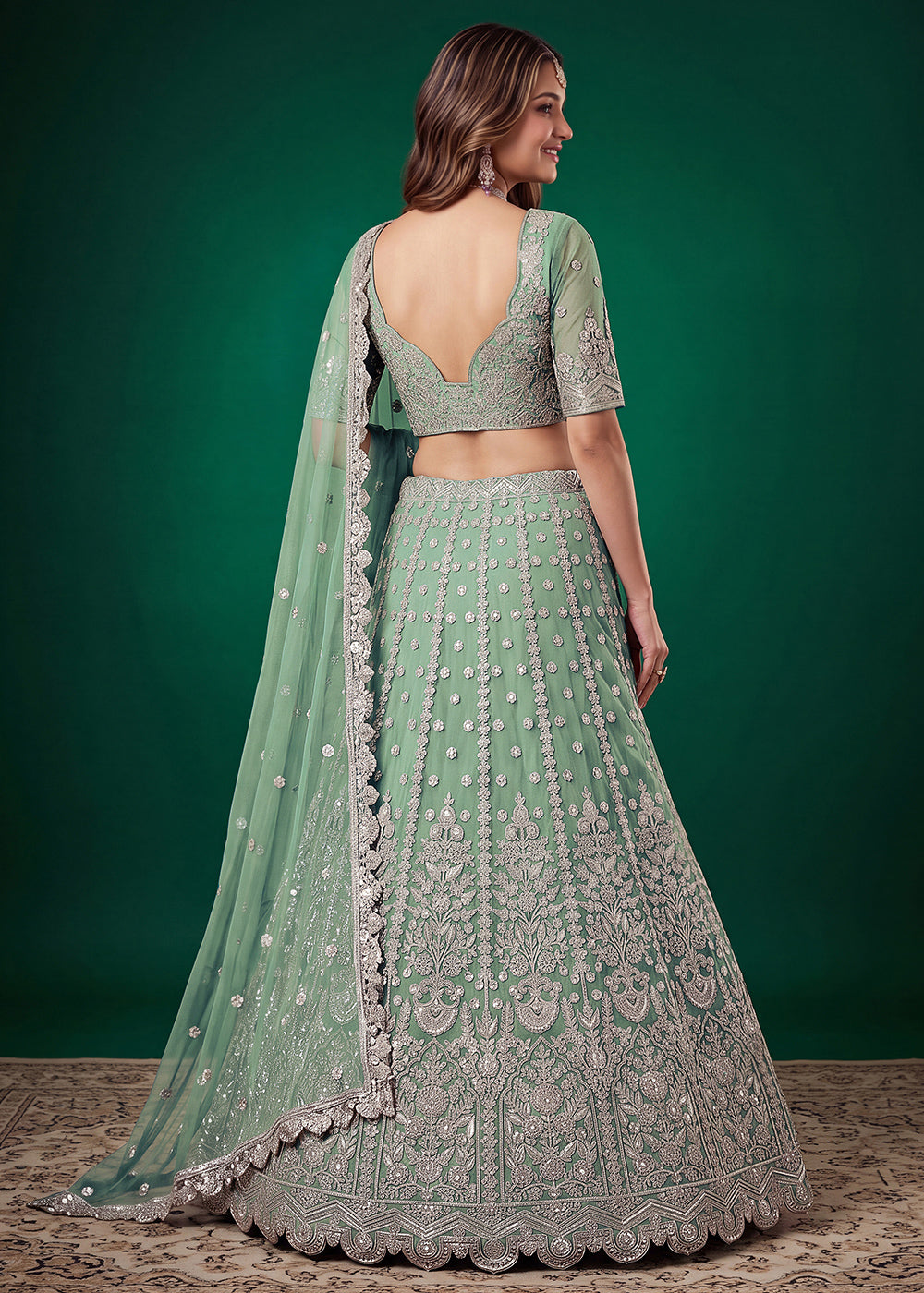 Pista Green Soft Heavy Embroidered Soft Net Lehenga Choli with Zari, Sequin &amp; Dori Work