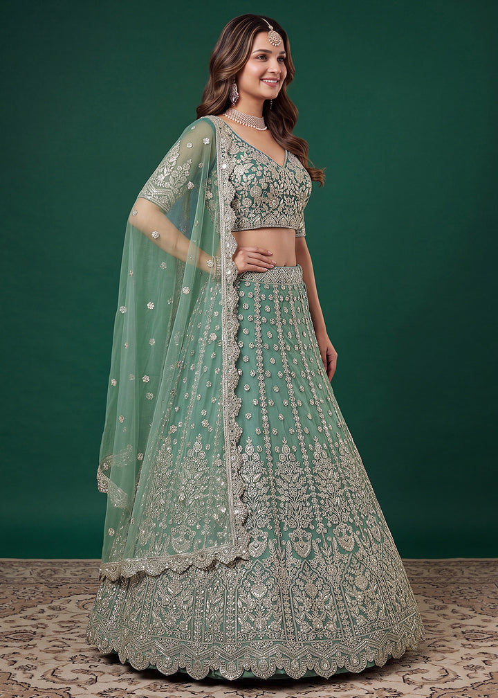 Pista Green Soft Heavy Embroidered Soft Net Lehenga Choli with Zari, Sequin &amp; Dori Work