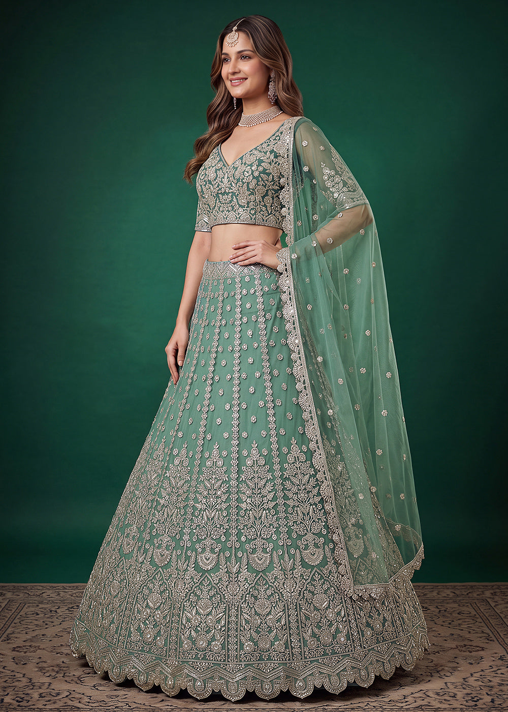 Pista Green Soft Heavy Embroidered Soft Net Lehenga Choli with Zari, Sequin &amp; Dori Work