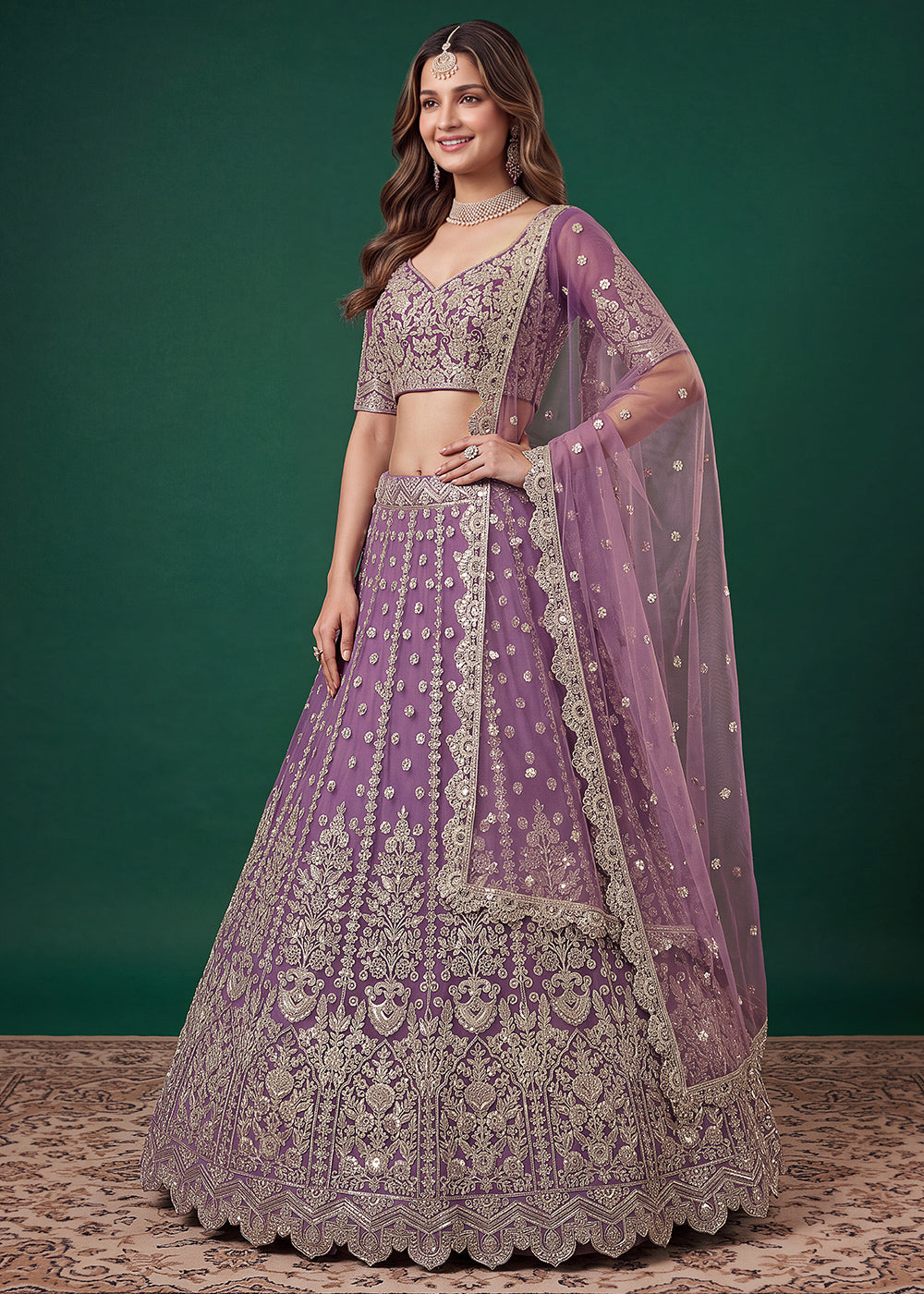 Mauve Purple Heavy Embroidered Soft Net Lehenga Choli with Zari, Sequin and Dori Work