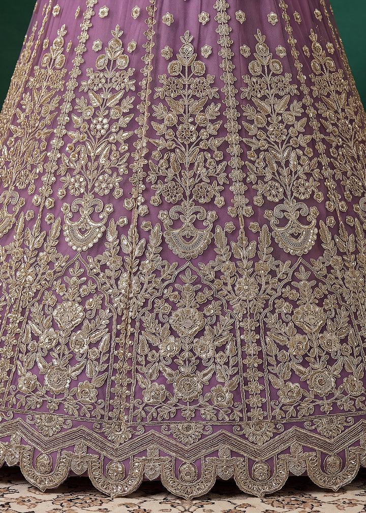 Mauve Purple Heavy Embroidered Soft Net Lehenga Choli with Zari, Sequin and Dori Work