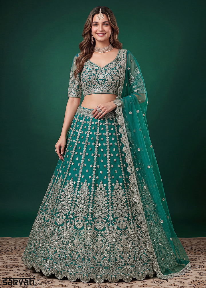 Teal Green Heavy Embroidered Soft Net Lehenga Choli with Zari, Sequin and Dori Work