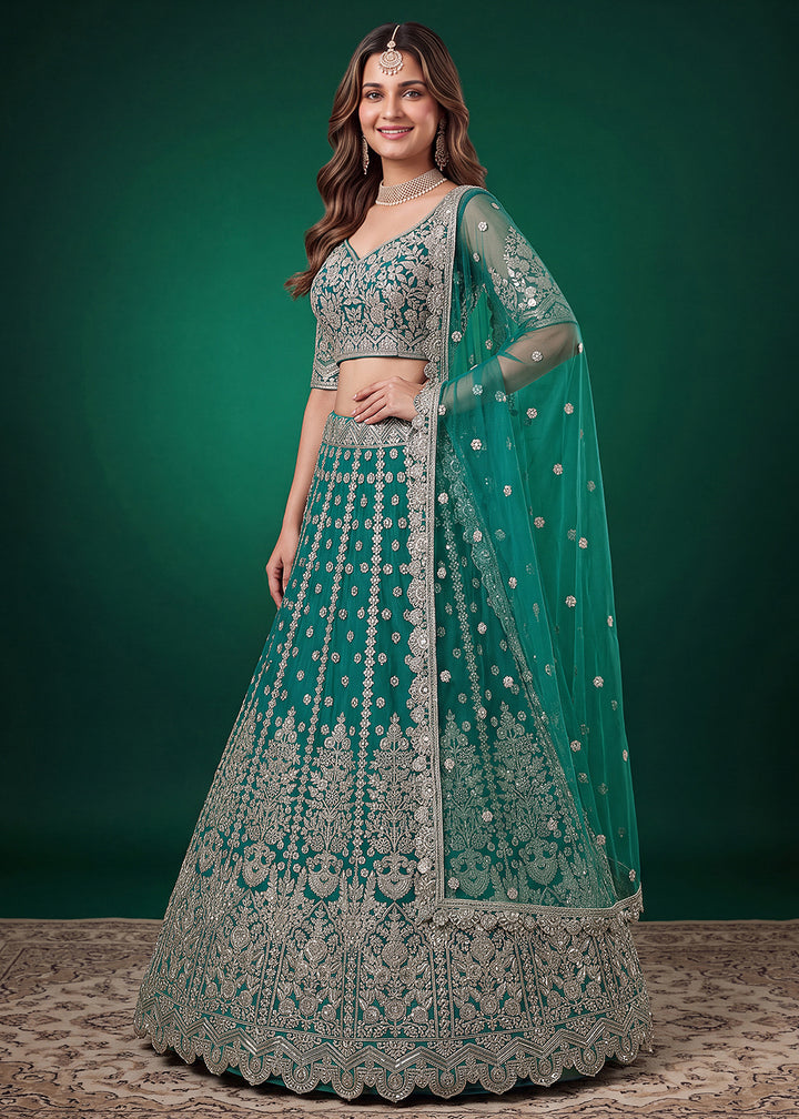 Teal Green Heavy Embroidered Soft Net Lehenga Choli with Zari, Sequin and Dori Work
