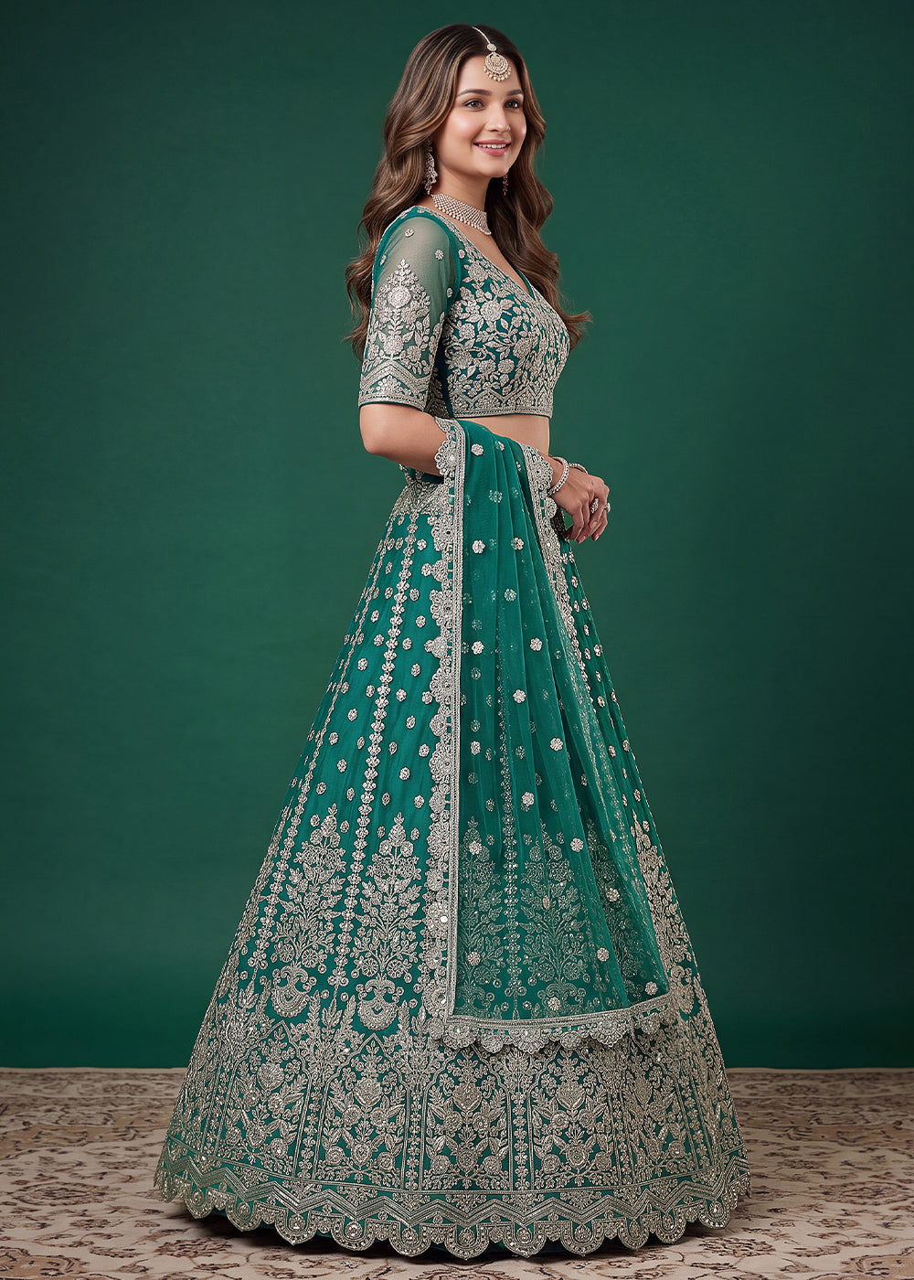 Teal Green Heavy Embroidered Soft Net Lehenga Choli with Zari, Sequin and Dori Work