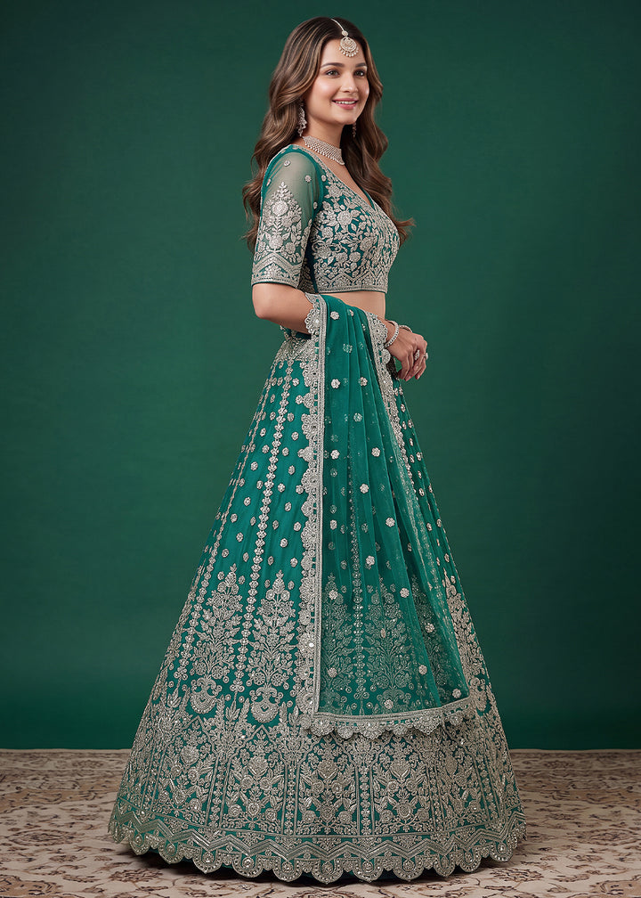 Teal Green Heavy Embroidered Soft Net Lehenga Choli with Zari, Sequin and Dori Work