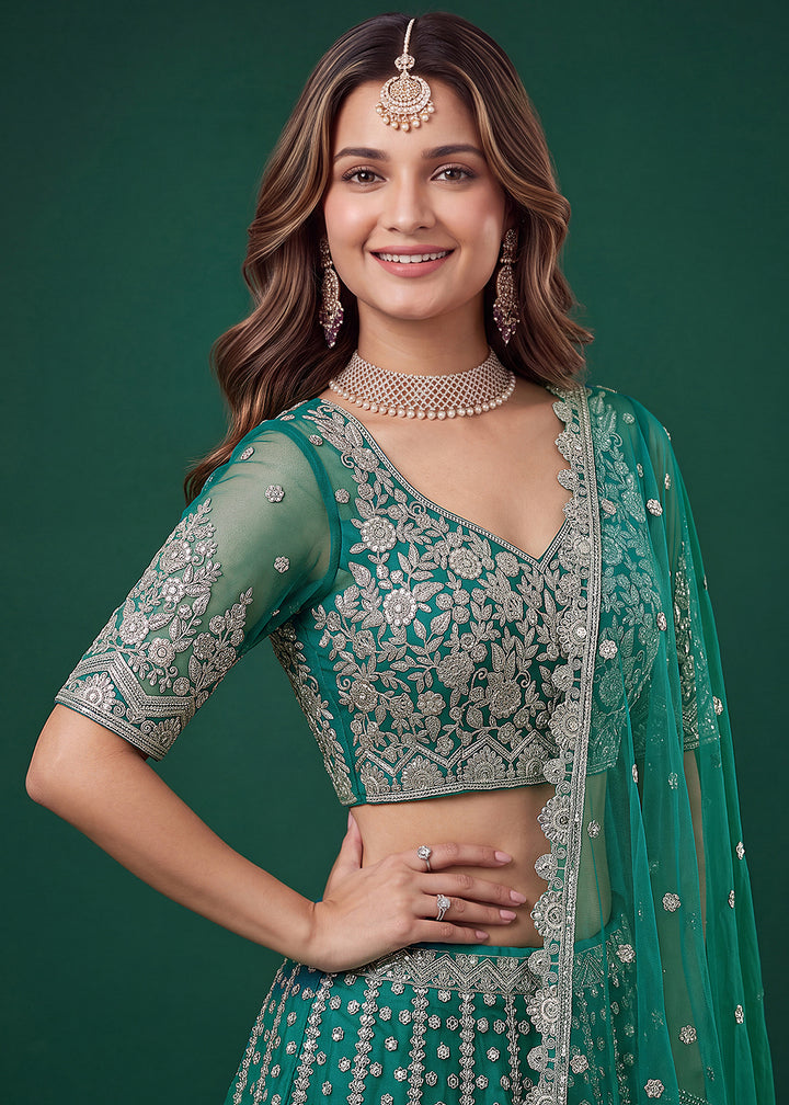 Teal Green Heavy Embroidered Soft Net Lehenga Choli with Zari, Sequin and Dori Work