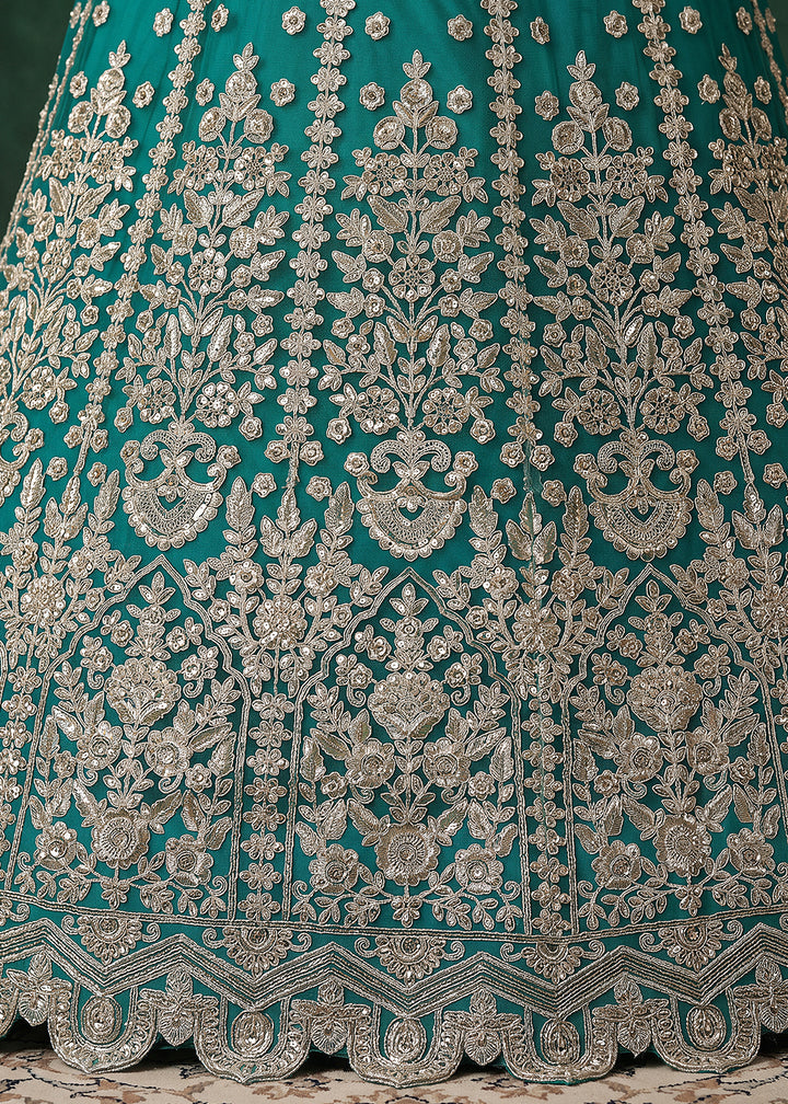 Teal Green Heavy Embroidered Soft Net Lehenga Choli with Zari, Sequin and Dori Work