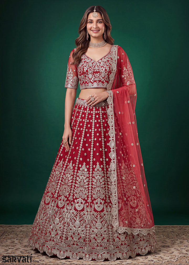 Maroon Red Soft Heavy Embroidered Soft Net Lehenga Choli with Zari, Sequin &amp; Dori Work