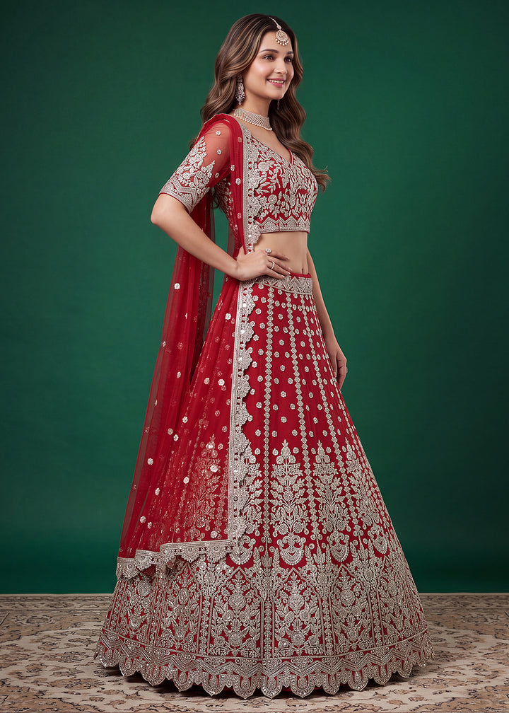 Maroon Red Soft Heavy Embroidered Soft Net Lehenga Choli with Zari, Sequin &amp; Dori Work