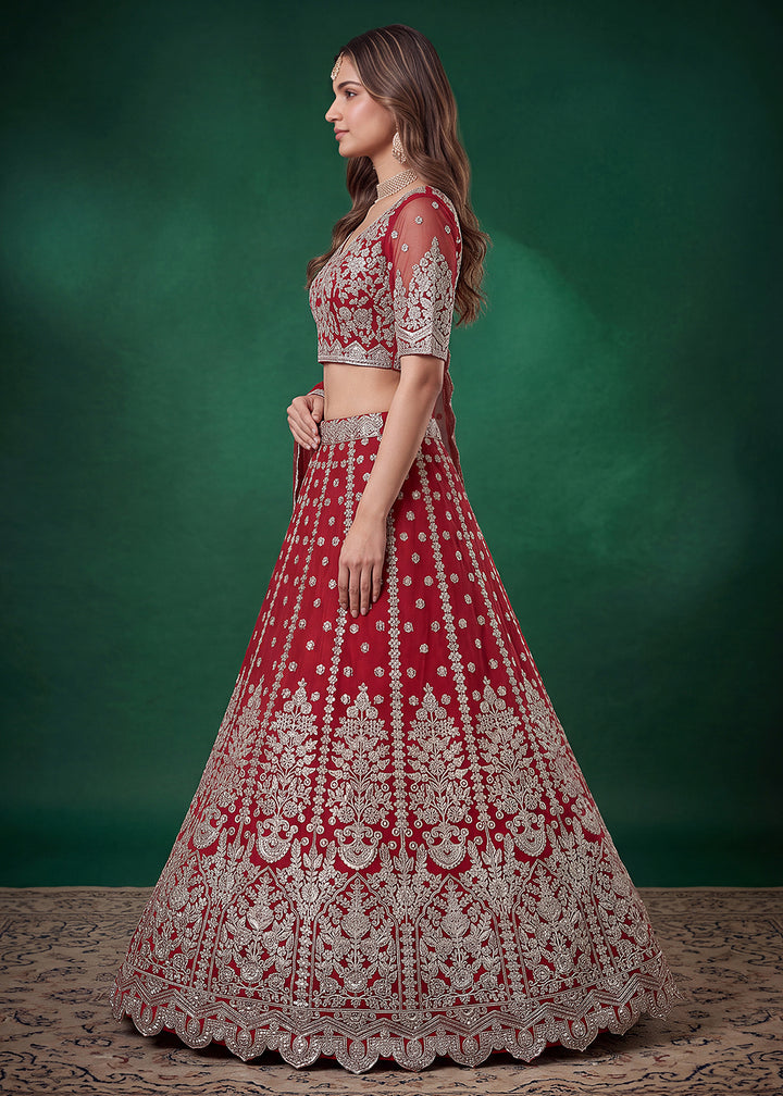 Maroon Red Soft Heavy Embroidered Soft Net Lehenga Choli with Zari, Sequin &amp; Dori Work