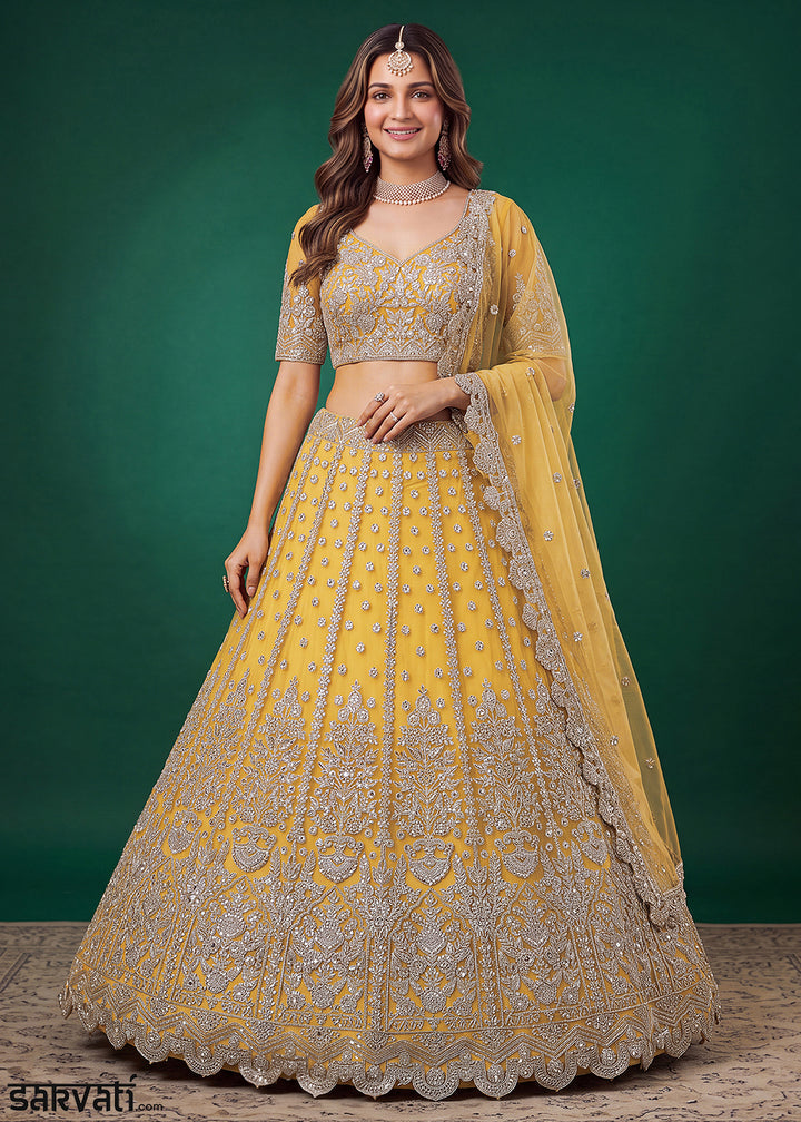 Mustard Gold Heavy Embroidered Soft Net Lehenga Choli with Zari, Sequin and Dori Work
