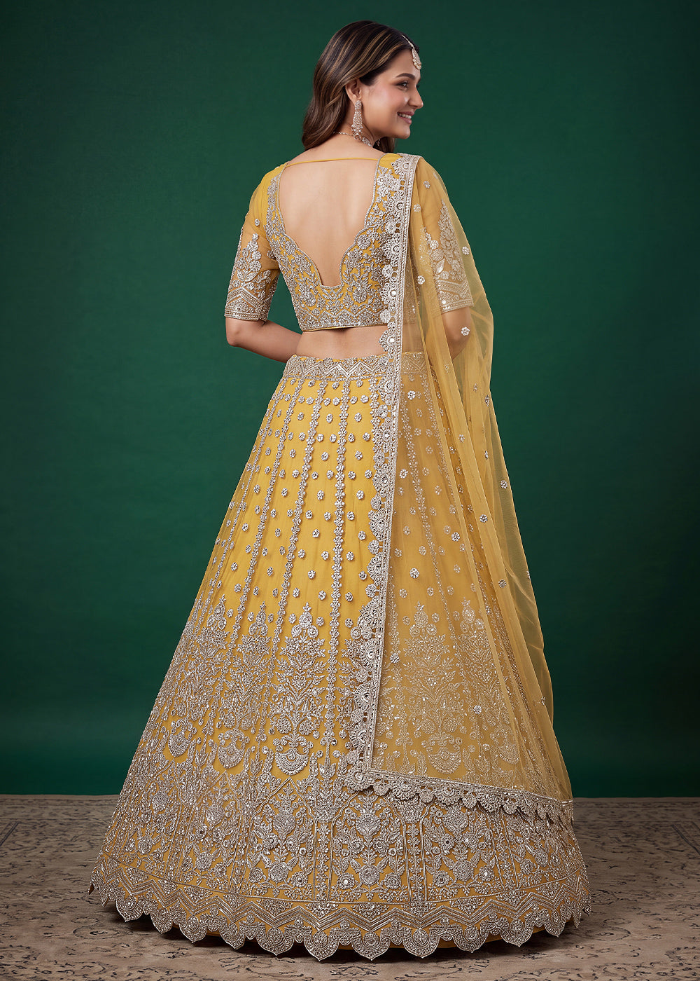 Mustard Gold Heavy Embroidered Soft Net Lehenga Choli with Zari, Sequin and Dori Work
