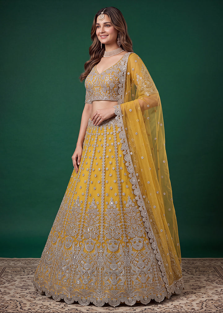 Mustard Gold Heavy Embroidered Soft Net Lehenga Choli with Zari, Sequin and Dori Work