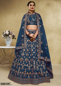 Teal Blue & Antique Gold Silk Lehenga Choli with Floral Zari & Sequin Work
