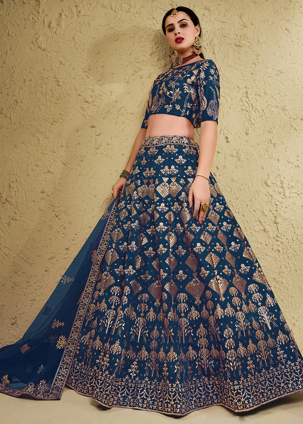 Teal Blue &amp; Antique Gold Silk Lehenga Choli with Floral Zari &amp; Sequin Work