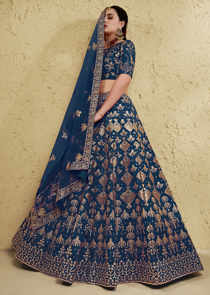 Teal Blue &amp; Antique Gold Silk Lehenga Choli with Floral Zari &amp; Sequin Work