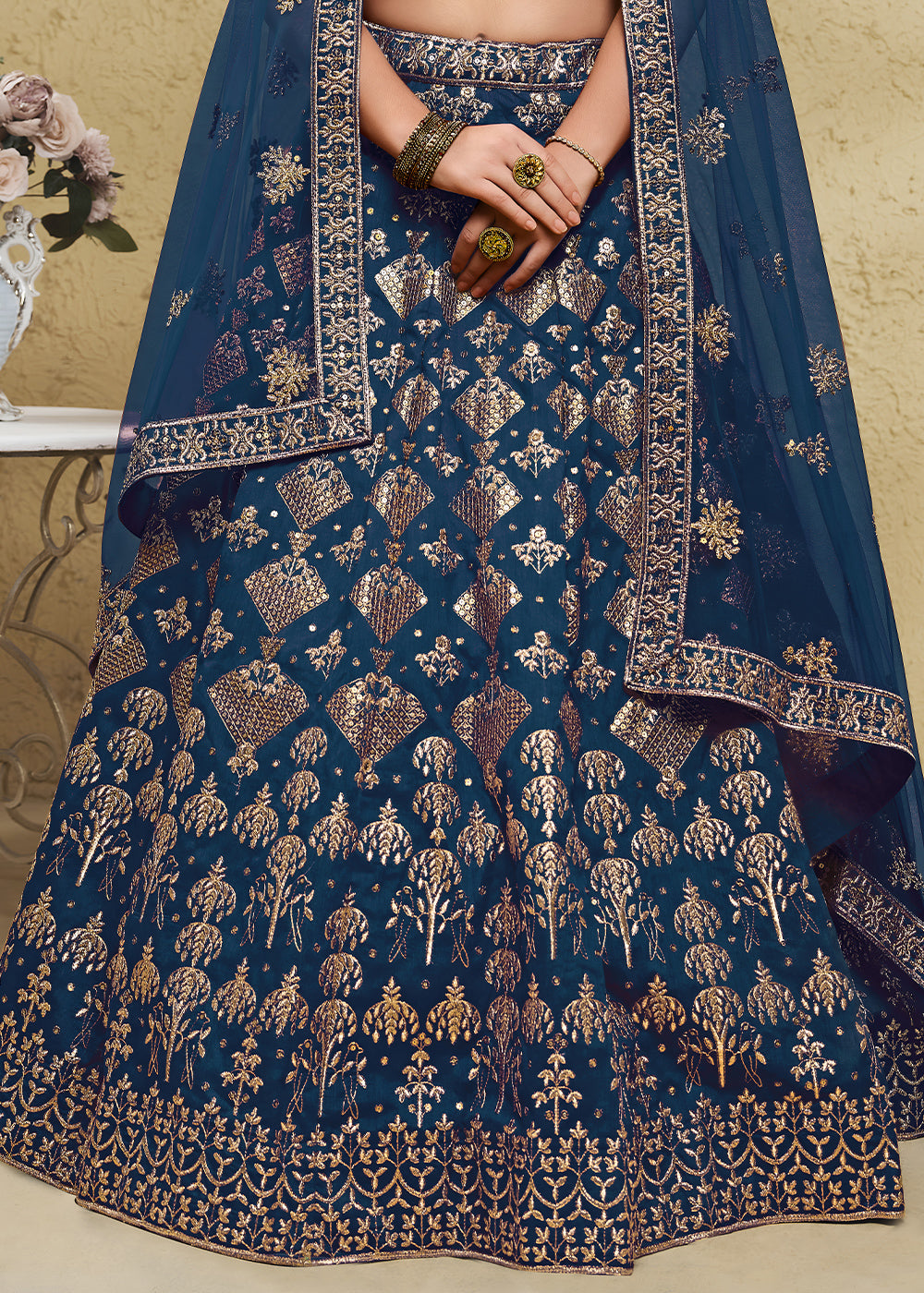 Teal Blue &amp; Antique Gold Silk Lehenga Choli with Floral Zari &amp; Sequin Work