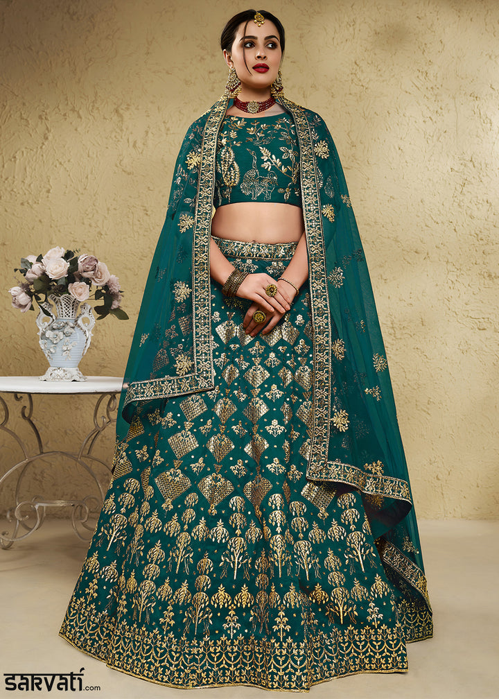 Peacock Green &amp; Antique Gold Silk Lehenga Choli with Floral Zari &amp; Sequin Work
