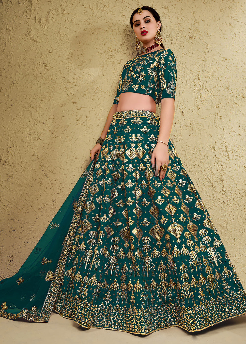 Peacock Green &amp; Antique Gold Silk Lehenga Choli with Floral Zari &amp; Sequin Work
