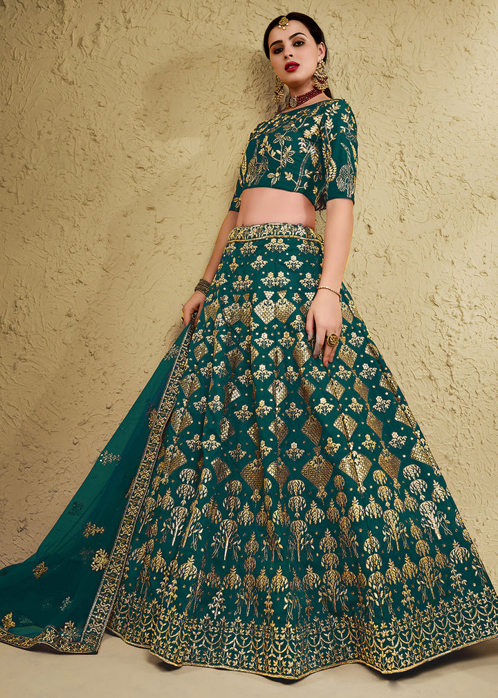 Peacock Green &amp; Antique Gold Silk Lehenga Choli with Floral Zari &amp; Sequin Work