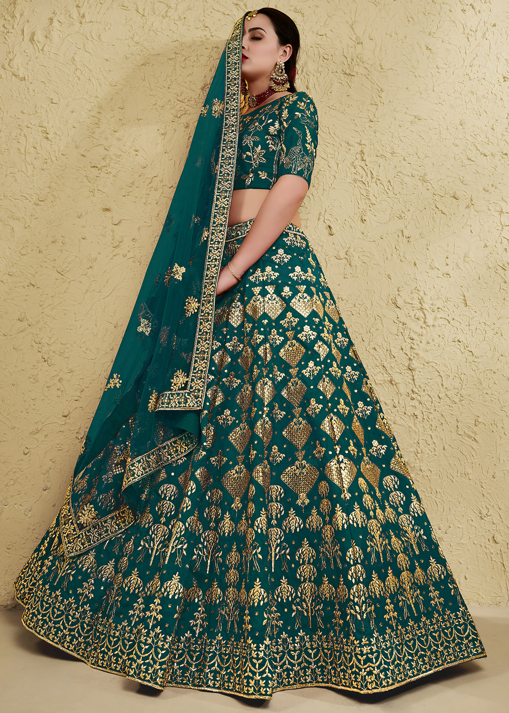 Peacock Green &amp; Antique Gold Silk Lehenga Choli with Floral Zari &amp; Sequin Work
