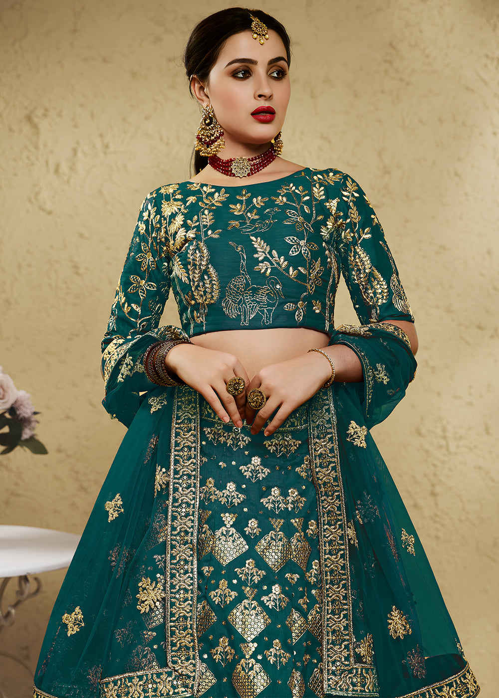 Peacock Green &amp; Antique Gold Silk Lehenga Choli with Floral Zari &amp; Sequin Work