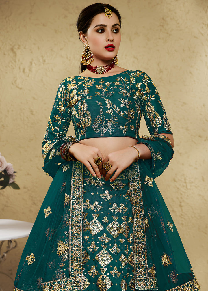Peacock Green &amp; Antique Gold Silk Lehenga Choli with Floral Zari &amp; Sequin Work