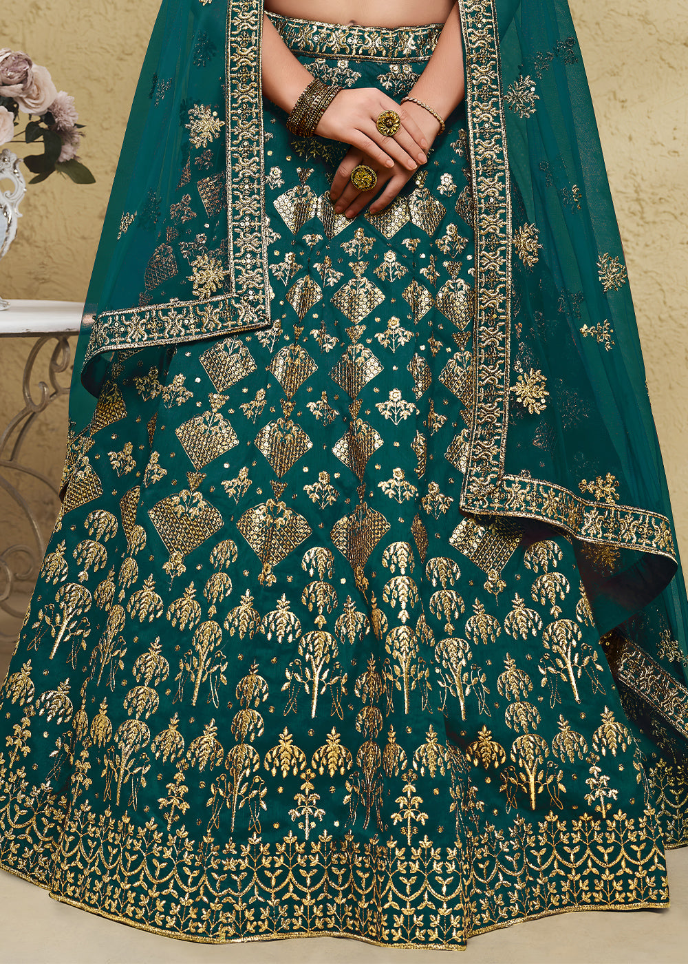 Peacock Green &amp; Antique Gold Silk Lehenga Choli with Floral Zari &amp; Sequin Work