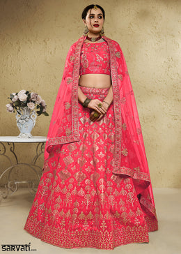 Watermelon Pink & Antique Gold Silk Lehenga Choli with Floral Zari & Sequin Work