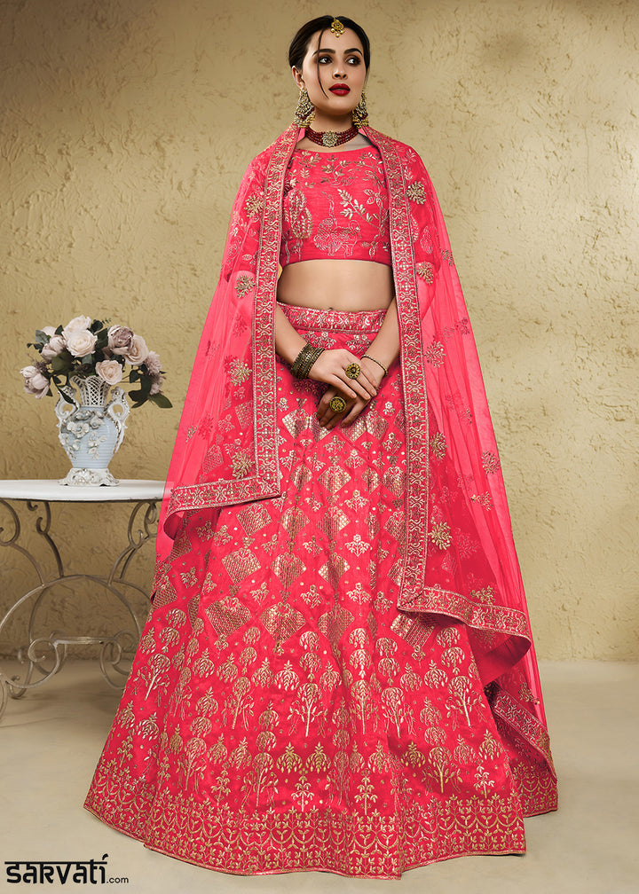 Watermelon Pink &amp; Antique Gold Silk Lehenga Choli with Floral Zari &amp; Sequin Work