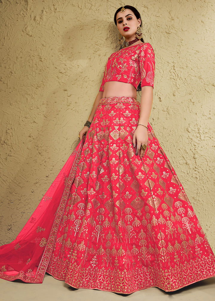 Watermelon Pink &amp; Antique Gold Silk Lehenga Choli with Floral Zari &amp; Sequin Work