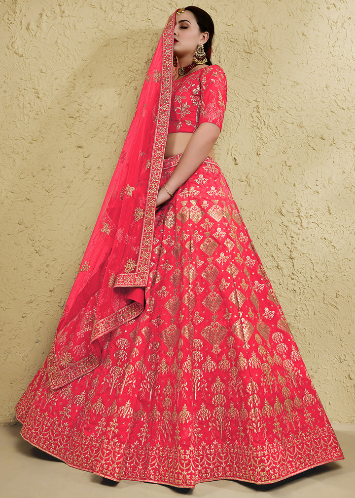 Watermelon Pink &amp; Antique Gold Silk Lehenga Choli with Floral Zari &amp; Sequin Work