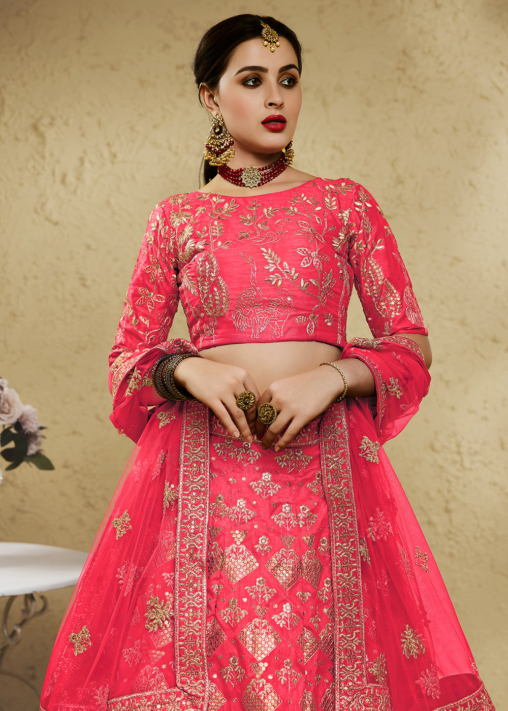 Watermelon Pink &amp; Antique Gold Silk Lehenga Choli with Floral Zari &amp; Sequin Work