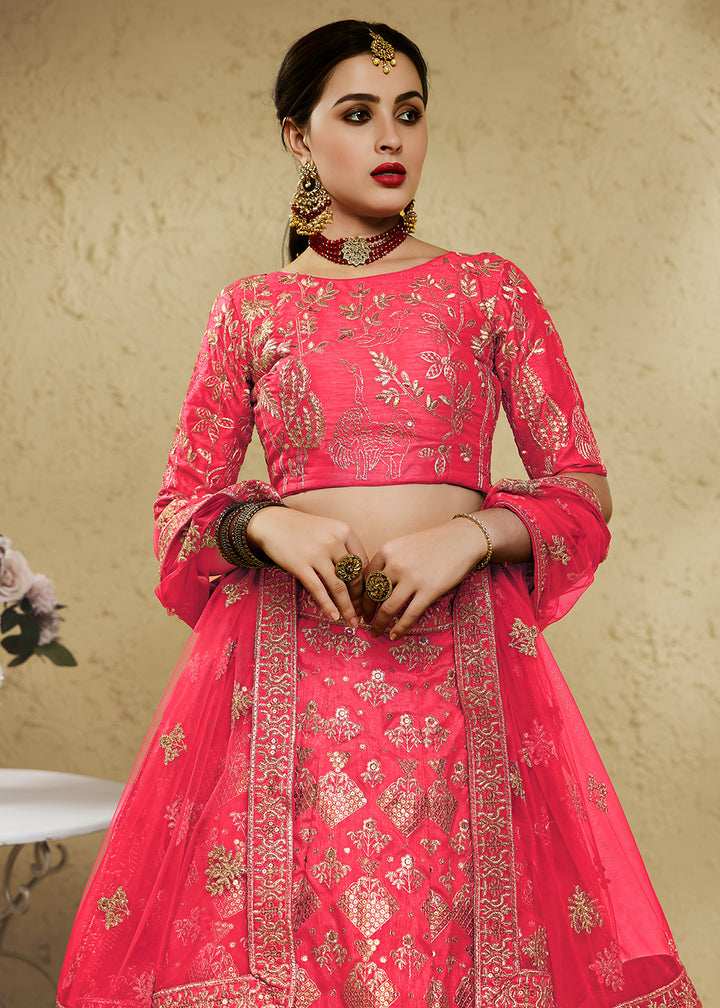 Watermelon Pink &amp; Antique Gold Silk Lehenga Choli with Floral Zari &amp; Sequin Work