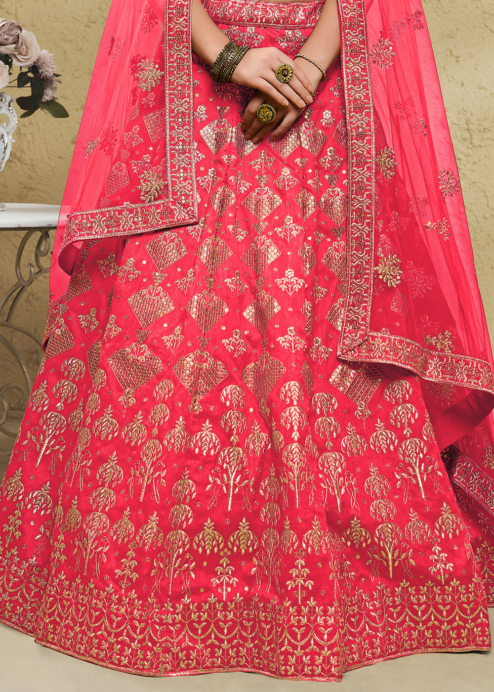 Watermelon Pink &amp; Antique Gold Silk Lehenga Choli with Floral Zari &amp; Sequin Work