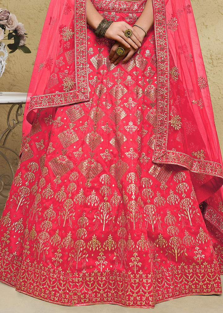 Watermelon Pink &amp; Antique Gold Silk Lehenga Choli with Floral Zari &amp; Sequin Work