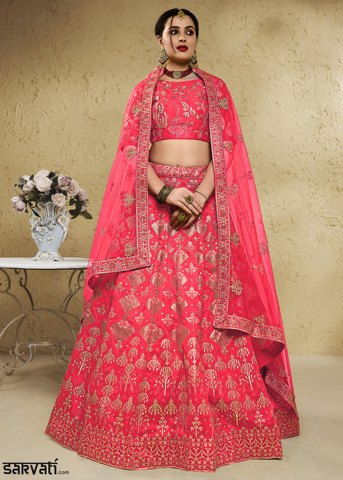 Watermelon Pink & Antique Gold Silk Lehenga Choli with Floral Zari & Sequin Work