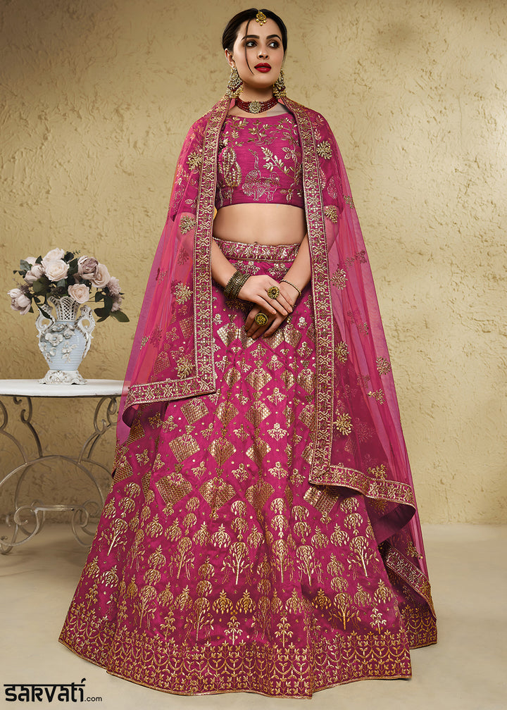 Magenta Pink &amp; Antique Gold Silk Lehenga Choli with Floral Zari &amp; Sequin Work