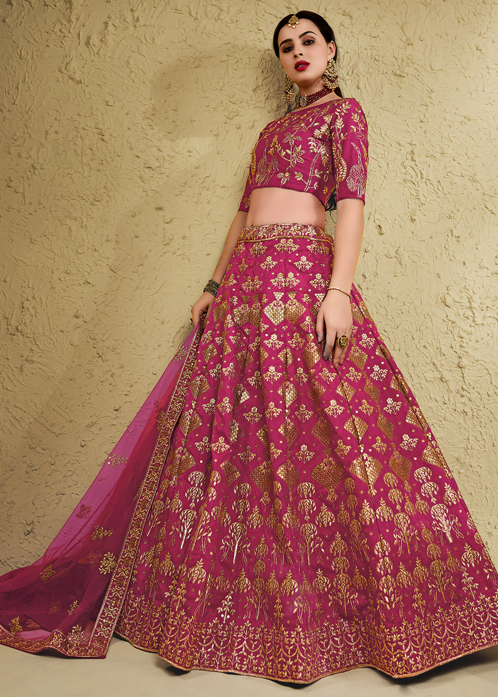 Magenta Pink &amp; Antique Gold Silk Lehenga Choli with Floral Zari &amp; Sequin Work
