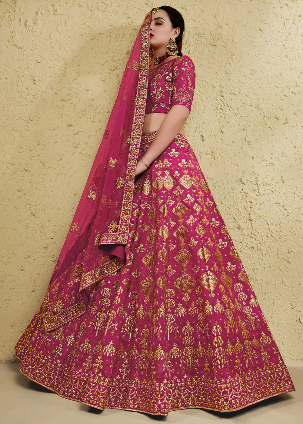Magenta Pink &amp; Antique Gold Silk Lehenga Choli with Floral Zari &amp; Sequin Work