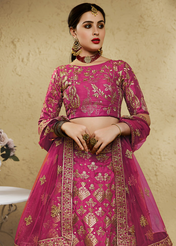 Magenta Pink &amp; Antique Gold Silk Lehenga Choli with Floral Zari &amp; Sequin Work