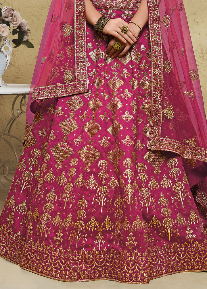Magenta Pink &amp; Antique Gold Silk Lehenga Choli with Floral Zari &amp; Sequin Work