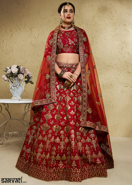 Bridal Red & Antique Gold Silk Lehenga Choli with Floral Zari & Sequin Work