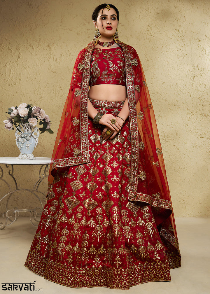 Bridal Red &amp; Antique Gold Silk Lehenga Choli with Floral Zari &amp; Sequin Work