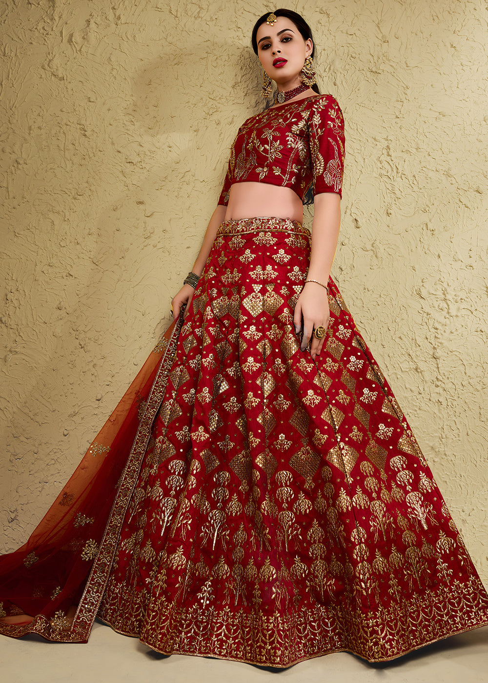 Bridal Red &amp; Antique Gold Silk Lehenga Choli with Floral Zari &amp; Sequin Work